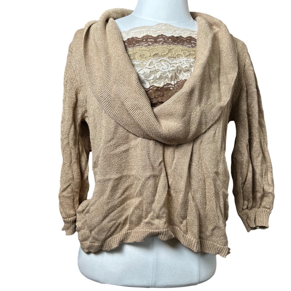 Gold Metallic Cowl Neck Knit Sweater 3/4 Sleeve Top S Boho Y2K Party Party Glam